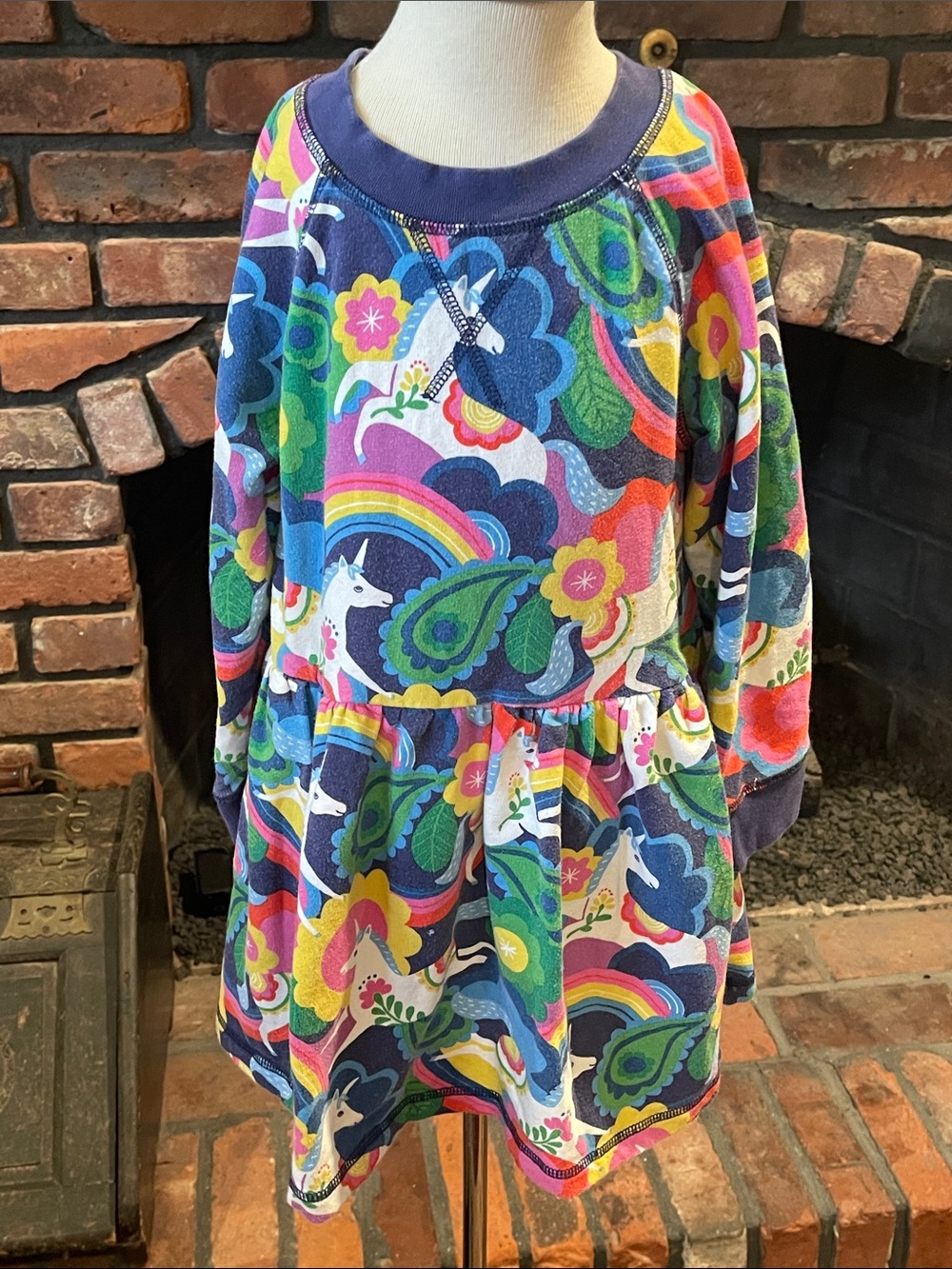 Mini Boden Navy Multicolor Unicorn & Floral Rainbow Dress size 4-5
